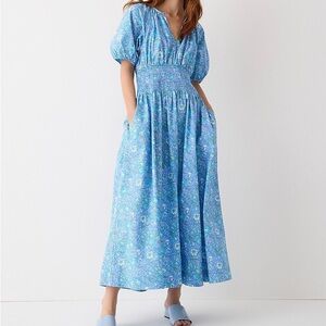 J. Crew - Provence Smocked-Waist Midi Dress - Size Large Blue Floral Print